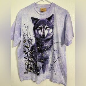 Vintage 2001 The Mountain Lone Wolf Animal Art Purple  Tie Dye Shirt Size M